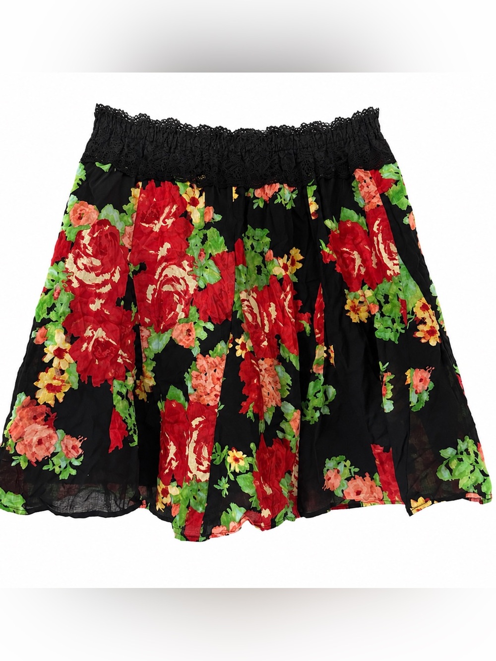 Catch My i Vintage Floral Lace Waist Skirt Size Medium Black Red Cottagecore